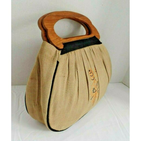 Fabindia Purse Vintage 80s Tan Fabric Embroidered Floral Wooden Handles - Picture 2 of 5